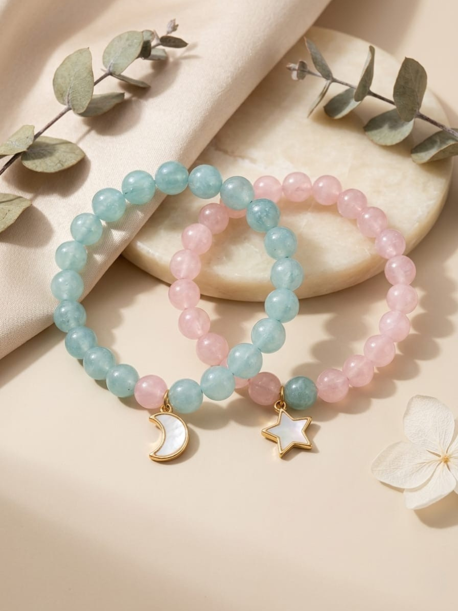 Buy Star and Moon Charms Pink and Sky Blue Beaded Bracelets Online in India