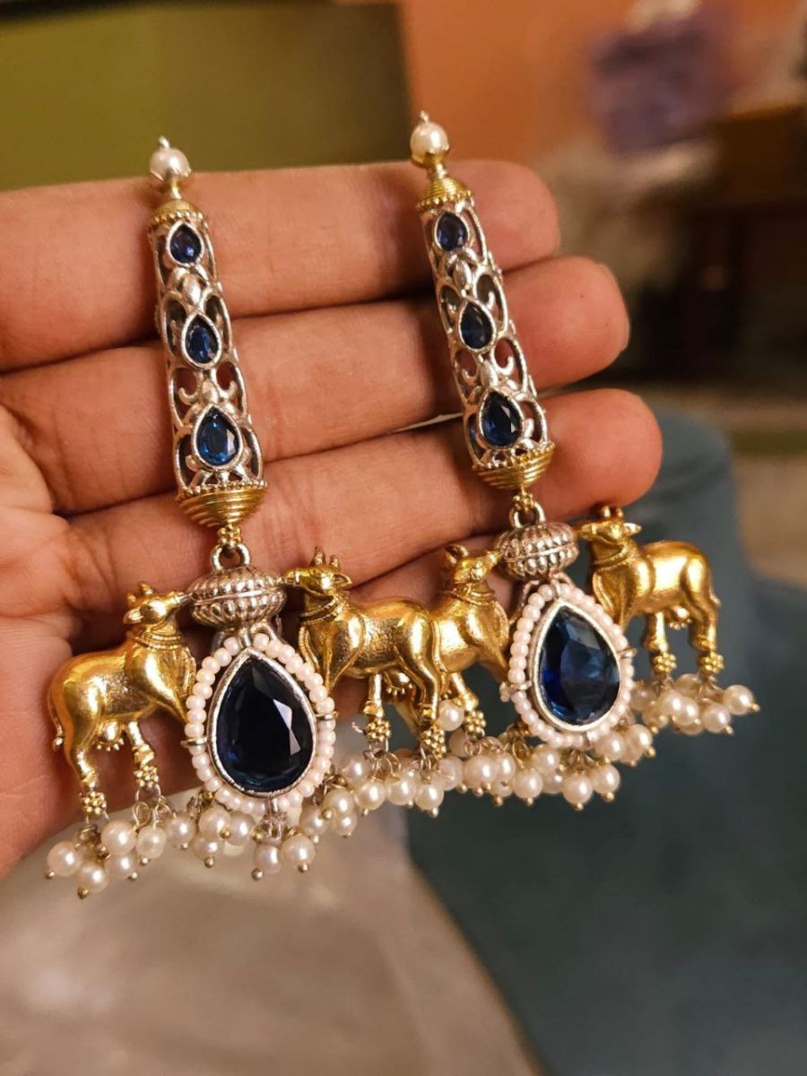 Stylish Blue Stone Dual Tone Oxidised Drop Earrings