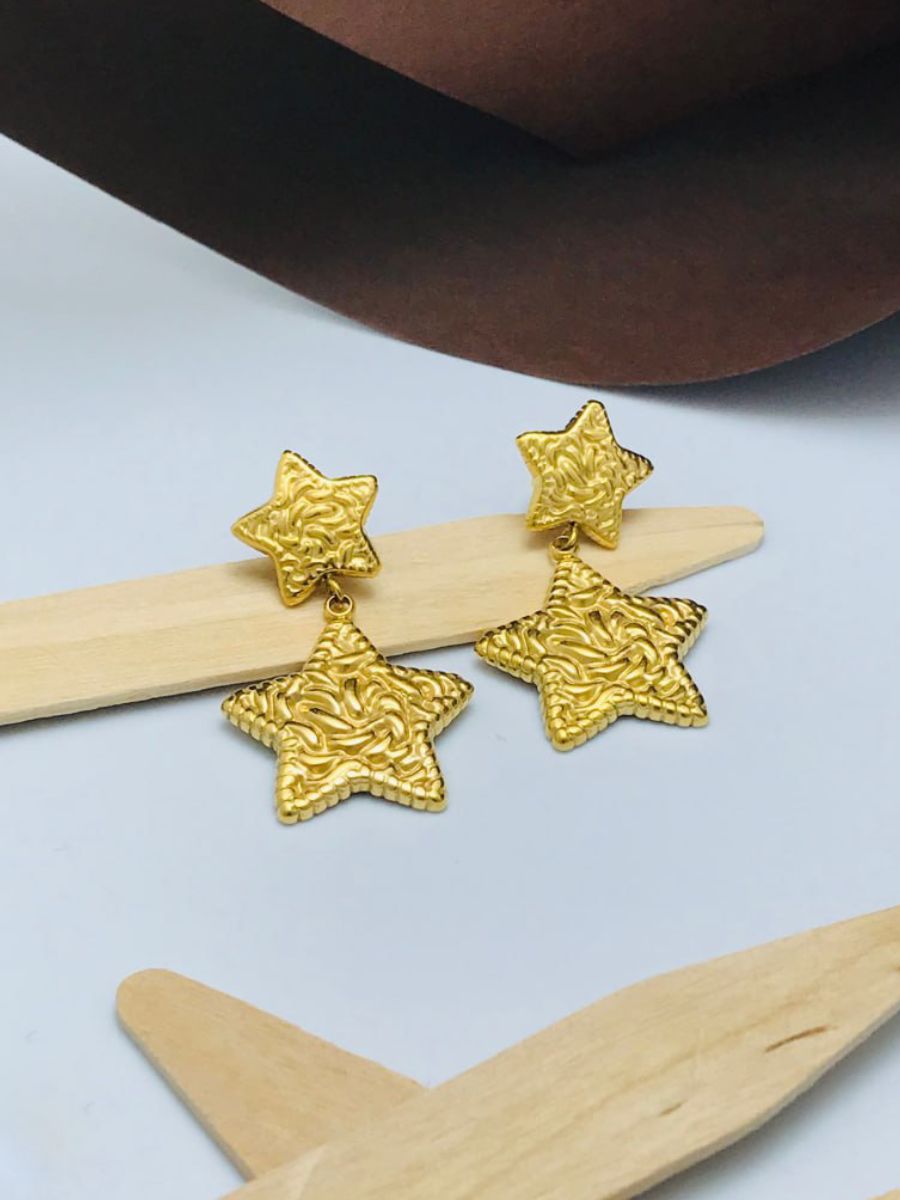 Stylish Gold Plated Two of Textured Stars Drop Earrings