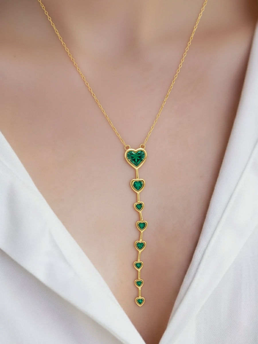 Golden Plated Green Heart Drop Y Chain Necklace