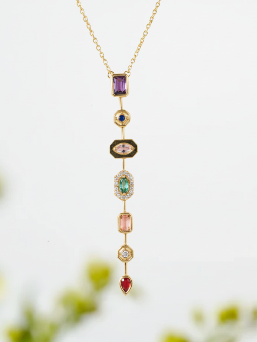 Buy Stylish Golden Plated Stainless Steel Gemstone Y Necklace Online - TheJewelbox