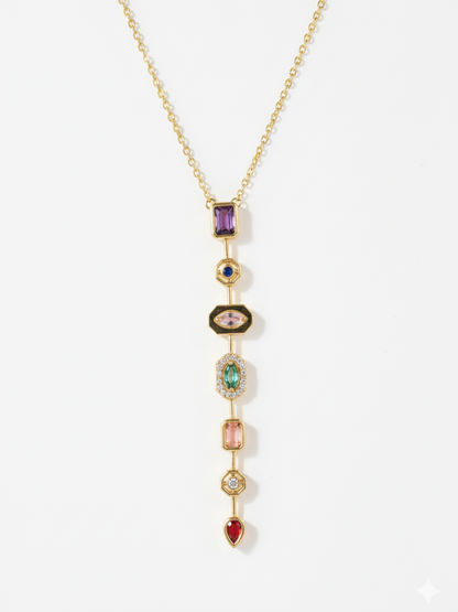 Stylish Golden Plated Stainless Steel Gemstone Y Necklace - Real Picture