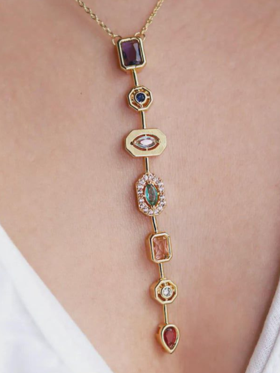 Stylish Golden Plated Stainless Steel Gemstone Y Necklace - Closure 