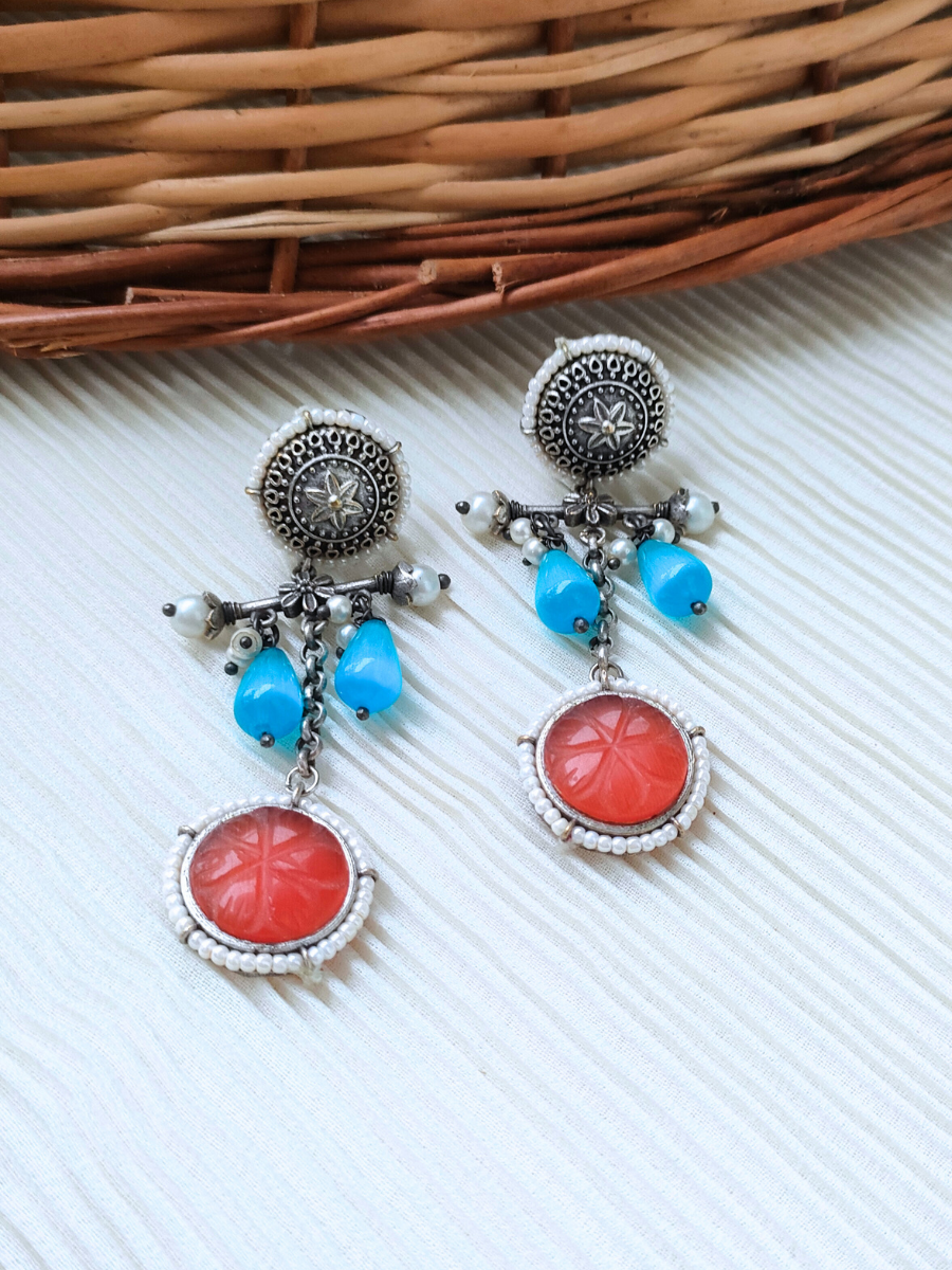 Buy Stylish Orange and Sky Blue Oxidised Silver Hanging Earrings - TheJewelbox