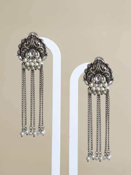 Buy Stylish Oxidised Silver Long Chain Drop Pearl Earrings Online in India - TheJewelbox