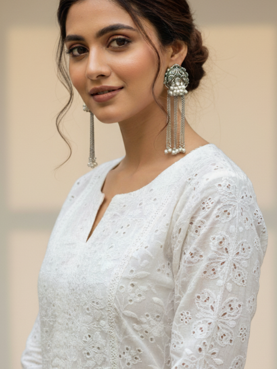 An Indian Model wearing our Stylish Oxidised Silver Long Chain Drop Pearl Earrings