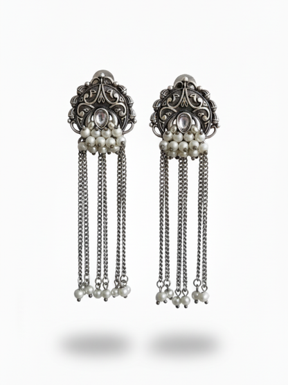 Stylish Oxidised Silver Long Chain Drop Pearl Earrings