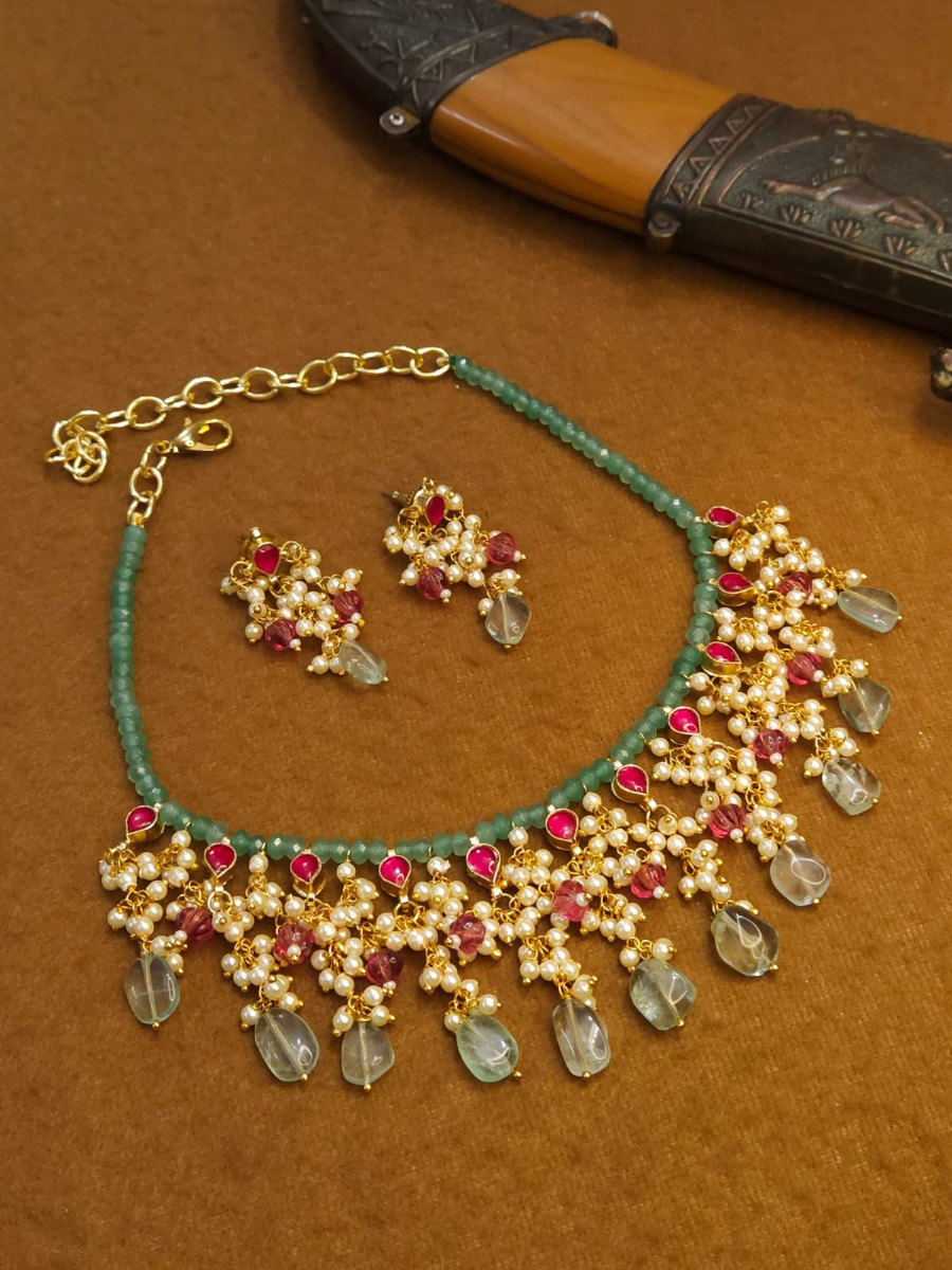 Ruby Red and Green Gold Plated Pearl Choker Necklace