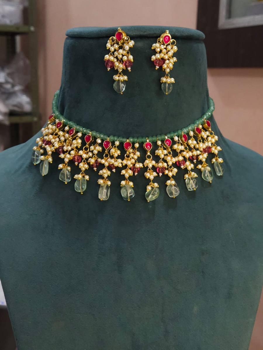 Ruby Red and Green Gold Plated Pearl Choker Necklace