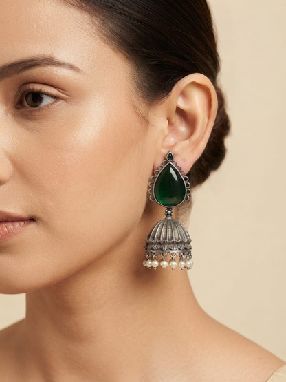 Teardrop Green Stone Oxidised Silver Jhumka Earrings