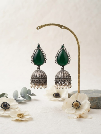 Traditional green stone jhumka earrings