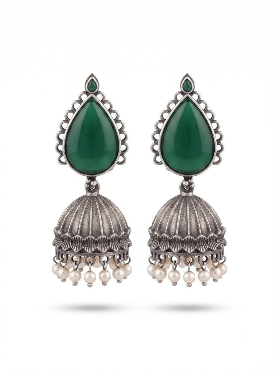 Oxidised silver green stone jhumkas