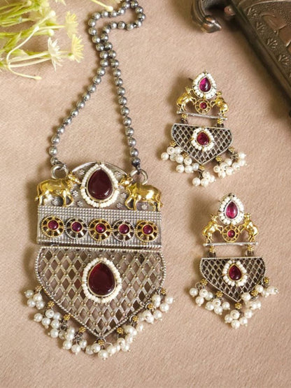 Temple Style Dual Tone Oxidised Ruby Red Kundan Necklace Set