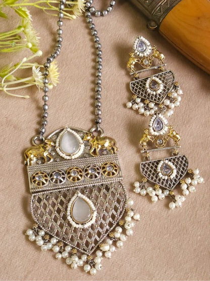 Temple Style Dual Tone Oxidised White Kundan Long Necklace Set