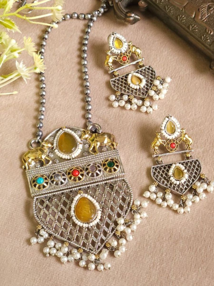 Temple Style Dual Tone Oxidised Yellow Kundan Long Necklace Set