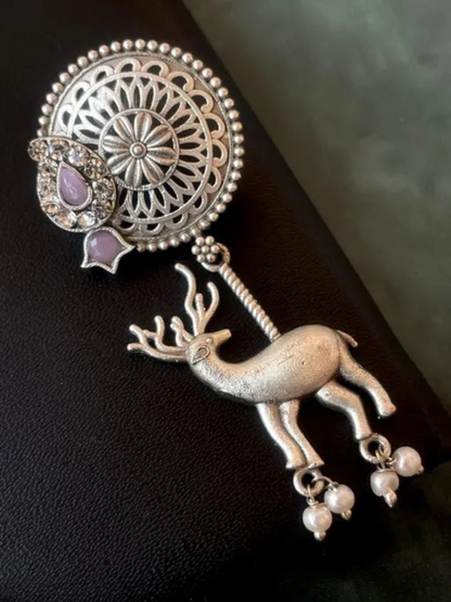 Traditional Baby Pink Stone Deer Dangler Oxidised Silver Earrings