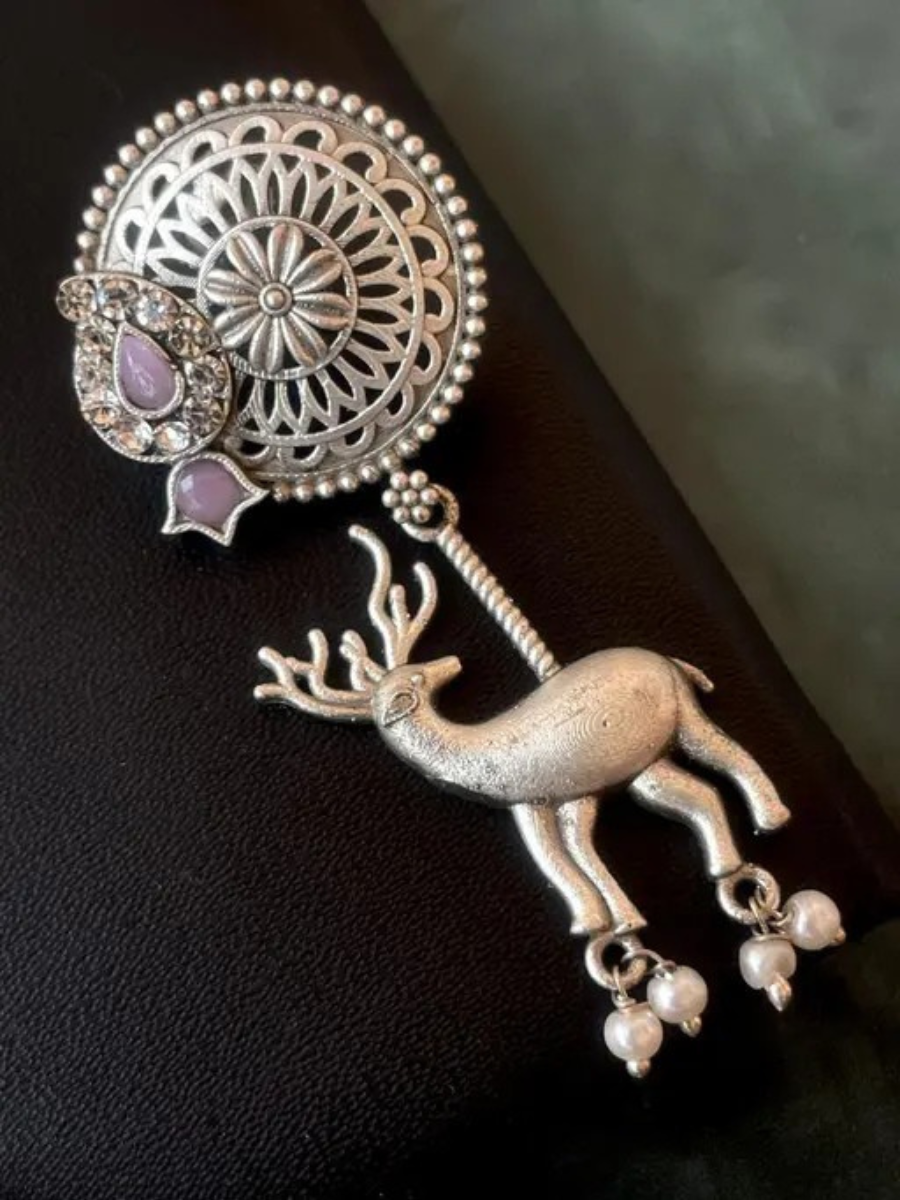 Traditional Baby Pink Stone Deer Dangler Oxidised Silver Earrings
