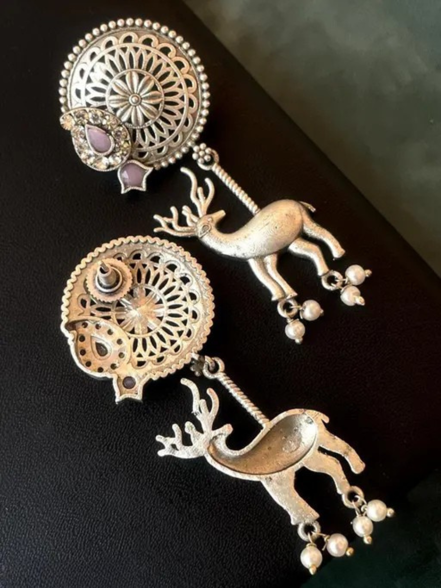 Deer Dangler Traditional Baby Pink Stone Oxidised Silver Earrings