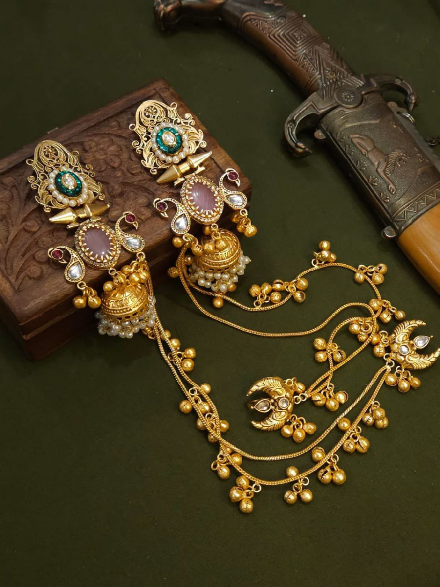 Buy Traditional Baby Pink Stone Long Golden Jhumka with Earchain Online - TheJewelbox