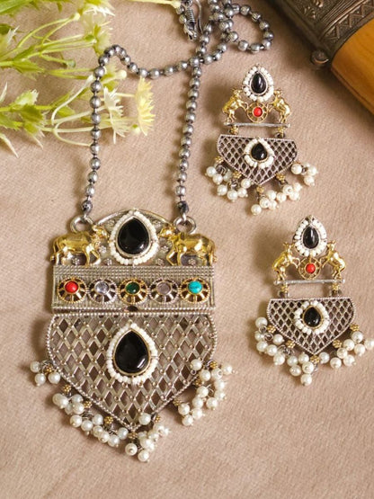 Traditional Black Kundan Dual Tone Oxidised Long Necklace Set
