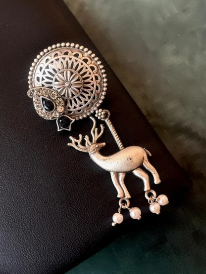 Traditional Black Stone Deer Dangler Oxidised Silver Earrings