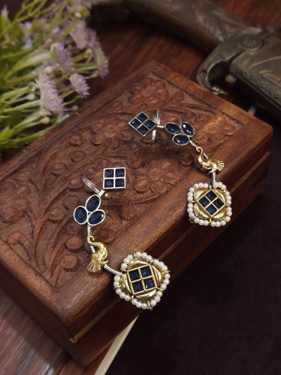 Buy Traditional Blue Stones Dual Tone Oxidised Earcuff Earrings Online - TheJewelbox