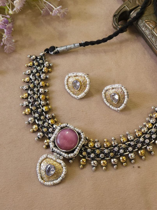 Traditional Dual Tone Oxidised Baby Pink Stone Choker Necklace Set