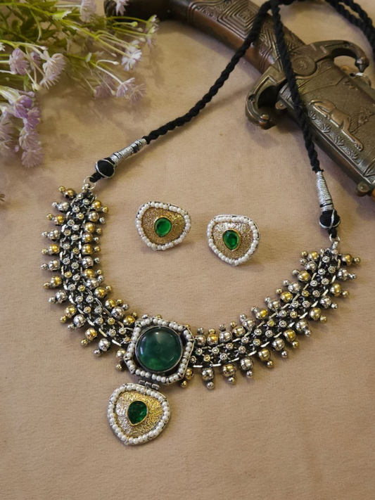 Buy Traditional Dual Tone Oxidised Green Stone Choker Necklace Set Online - TheJewelbox