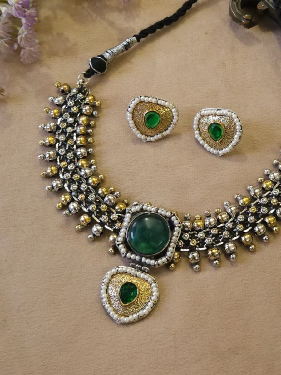 Traditional Dual Tone Oxidised Green Stone Choker Necklace Set