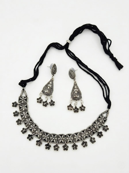Traditional Floral Oxidised Silver Choker Necklace Set