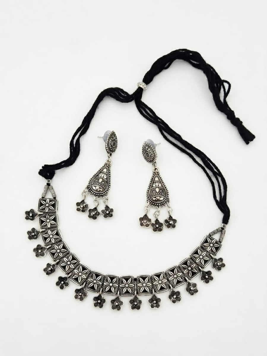 Traditional Floral Oxidised Silver Choker Necklace Set
