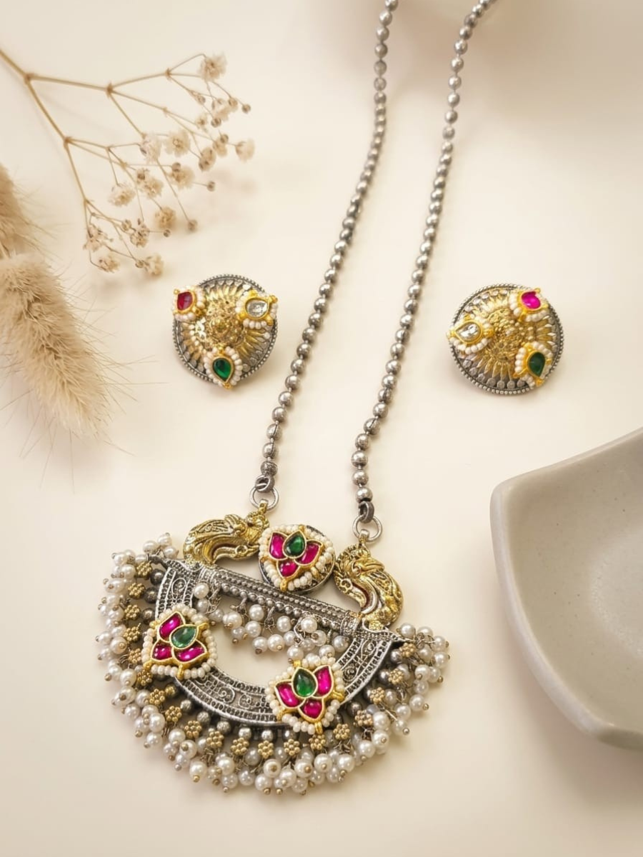 Antique silver kundan necklace set