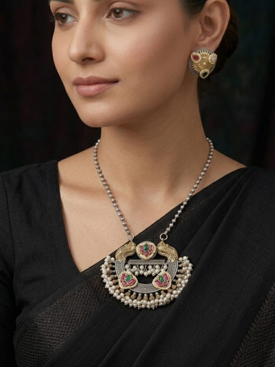 Designer oxidised peacock motif pendant