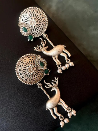 Buy Traditional Green Stone Deer Dangler Oxidised Silver Earrings Online - TheJewelbox