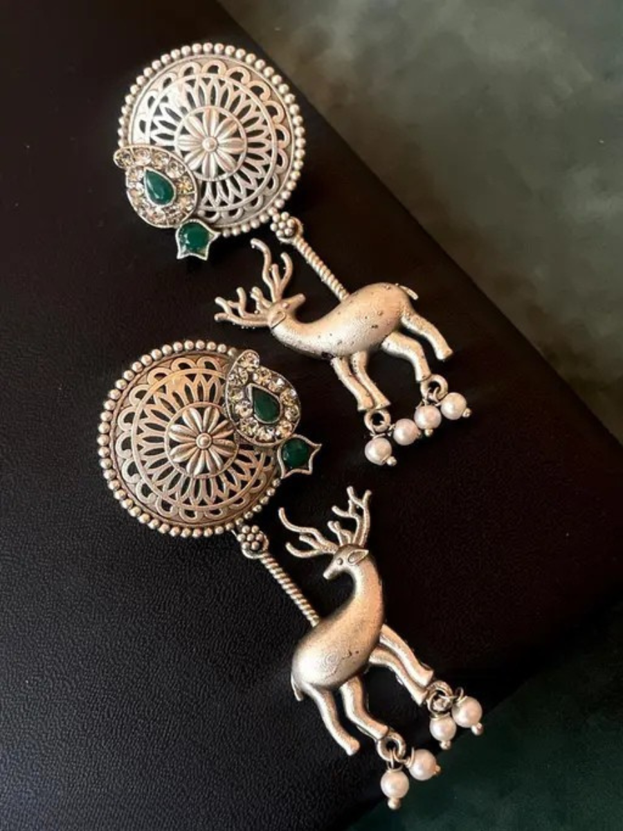 Buy Traditional Green Stone Deer Dangler Oxidised Silver Earrings Online - TheJewelbox