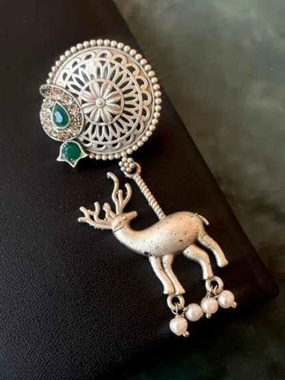 Traditional Green Stone Deer Dangler Oxidised Silver Earrings