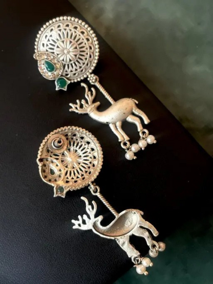 Deer Dangler Traditional Green Stone Oxidised Silver Earrings