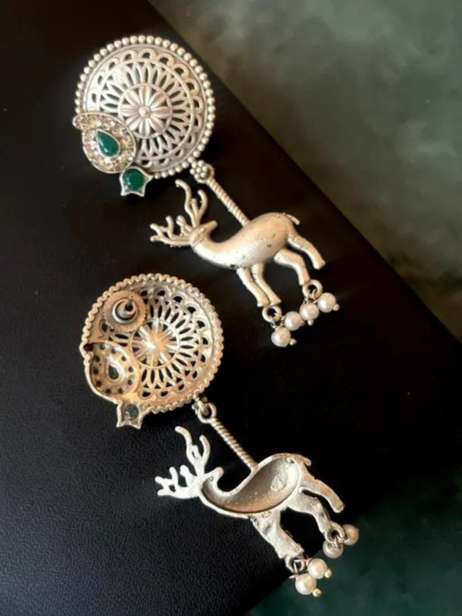Deer Dangler Traditional Green Stone Oxidised Silver Earrings