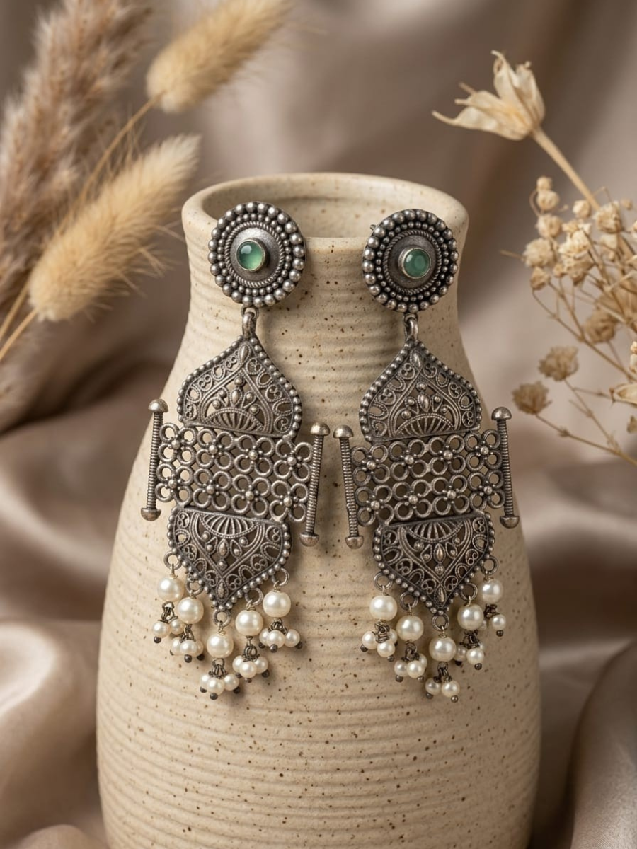 Buy Traditional Green Stone Oxidized Statement Earrings Online in India