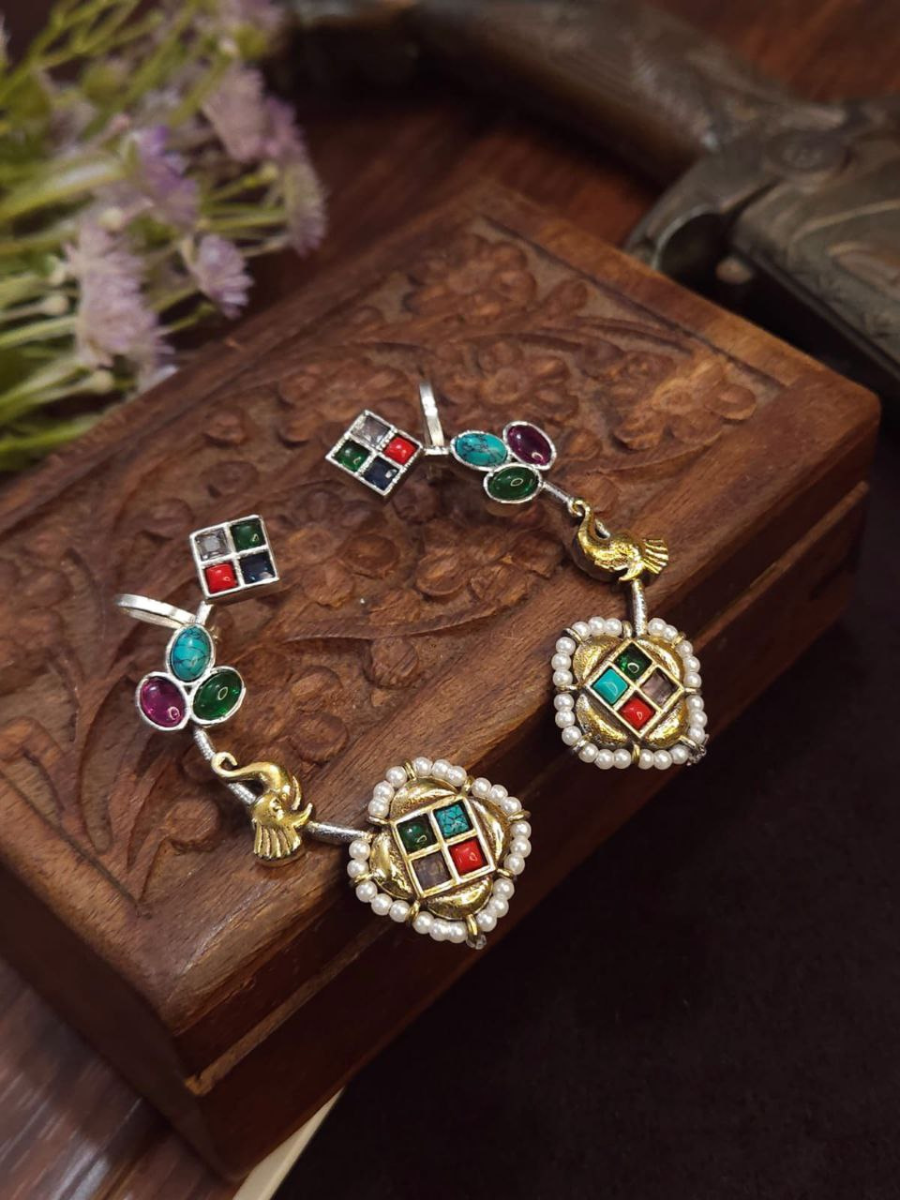 Buy Traditional Multicolor Stone Dual Tone Oxidised Earcuff Earrings Online - TheJewelbox