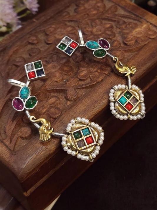 Traditional Multicolor Stone Dual Tone Oxidised Earcuff Earrings