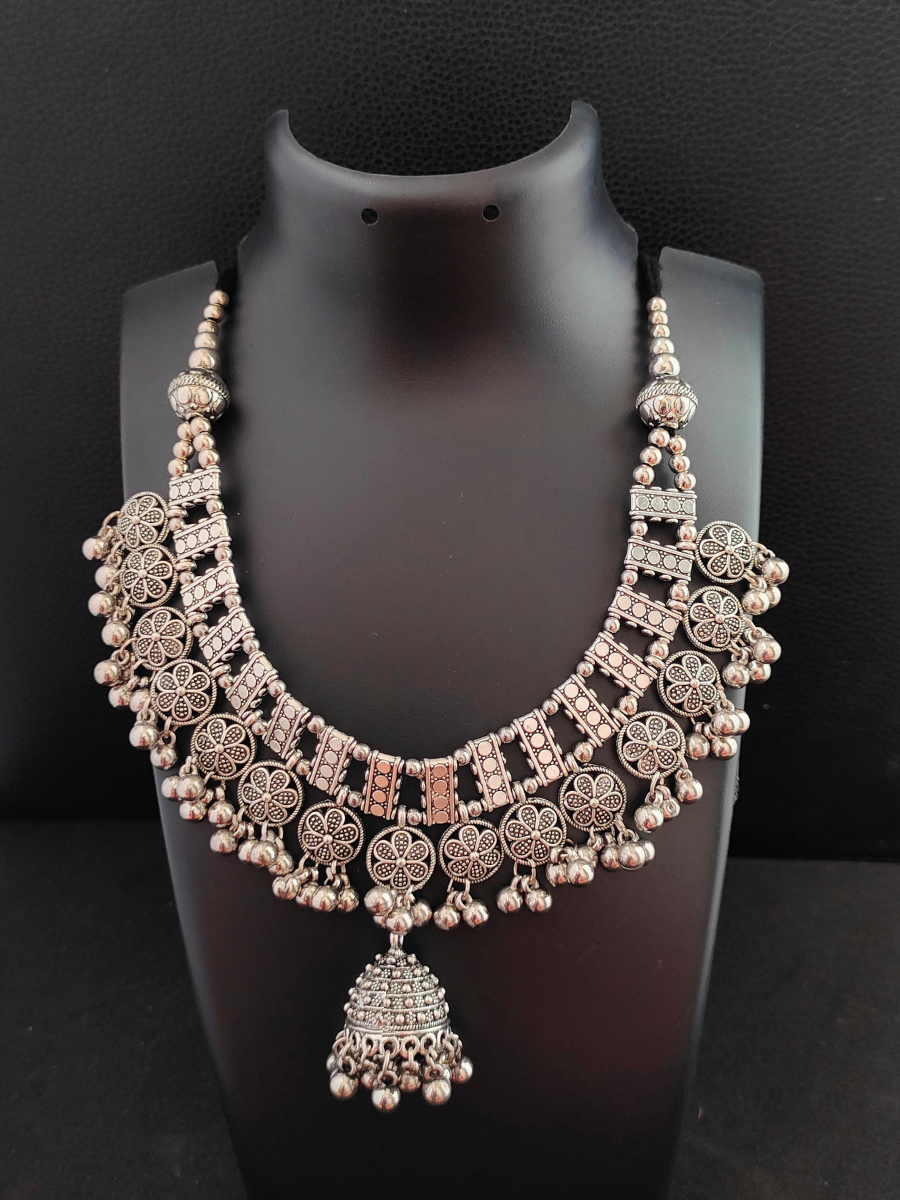 Traditional Oxidised Silver Gungroo Choker Necklace