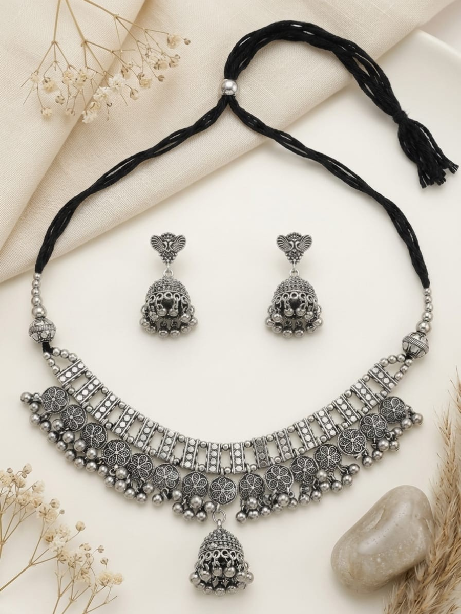 Buy Traditional Oxidised Silver Gungroo Choker Necklace Set Online in India