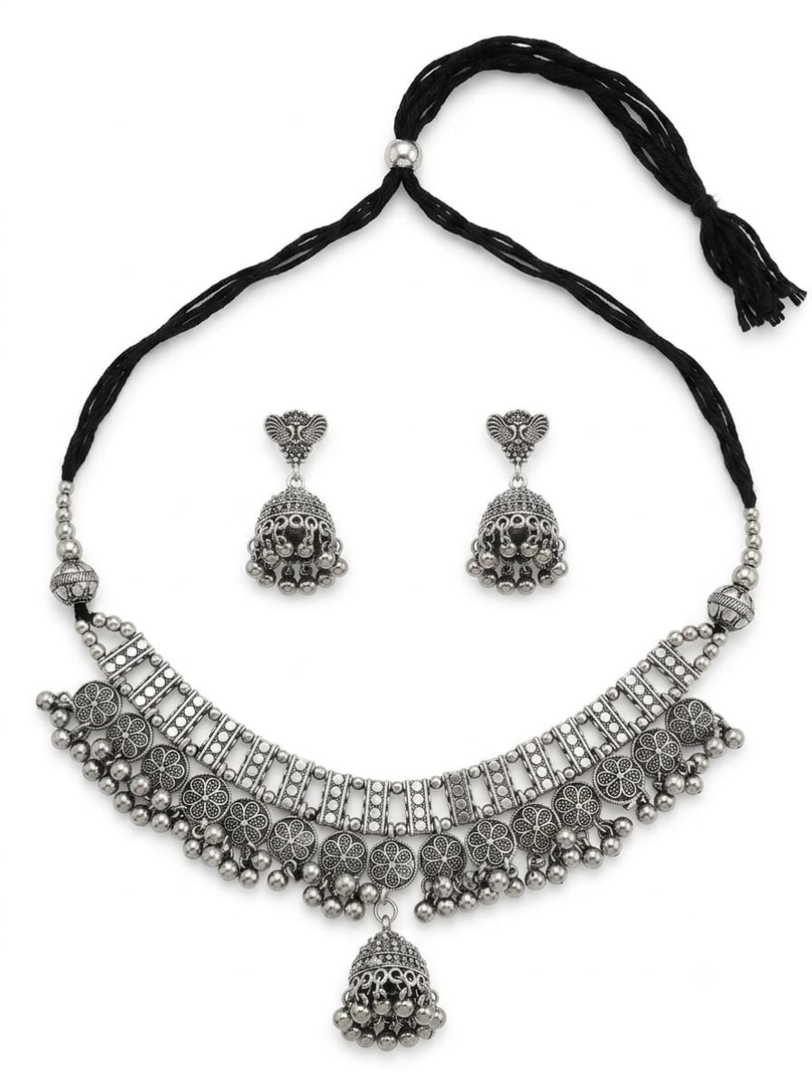 Traditional Oxidised Silver Gungroo Choker Necklace Set