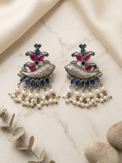 Buy Traditional Pink Blue Stones Oxidised Silver Fish Earrings Online in India