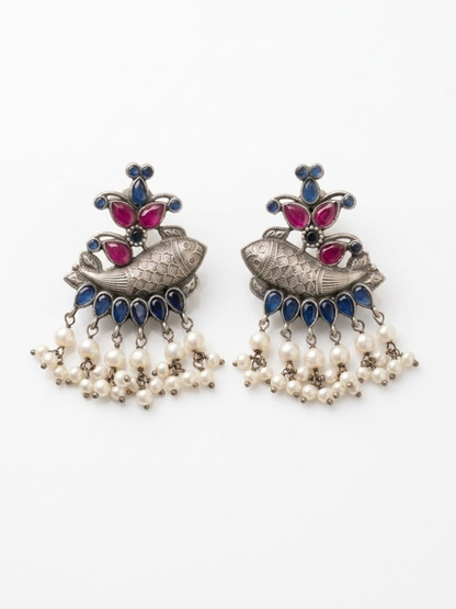 Traditional Pink Blue Stones Oxidised Silver Fish Earrings
