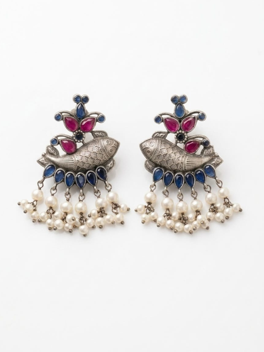 Traditional Pink Blue Stones Oxidised Silver Fish Earrings