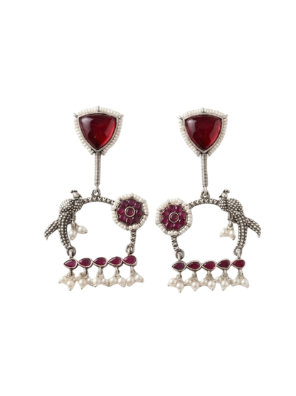 Traditional Red Stones Peacock Motif Oxidised Earrings