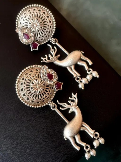 Buy Traditional Ruby Red Stone Oxidised Silver Deer Dangler Earrings Online - TheJewelbox