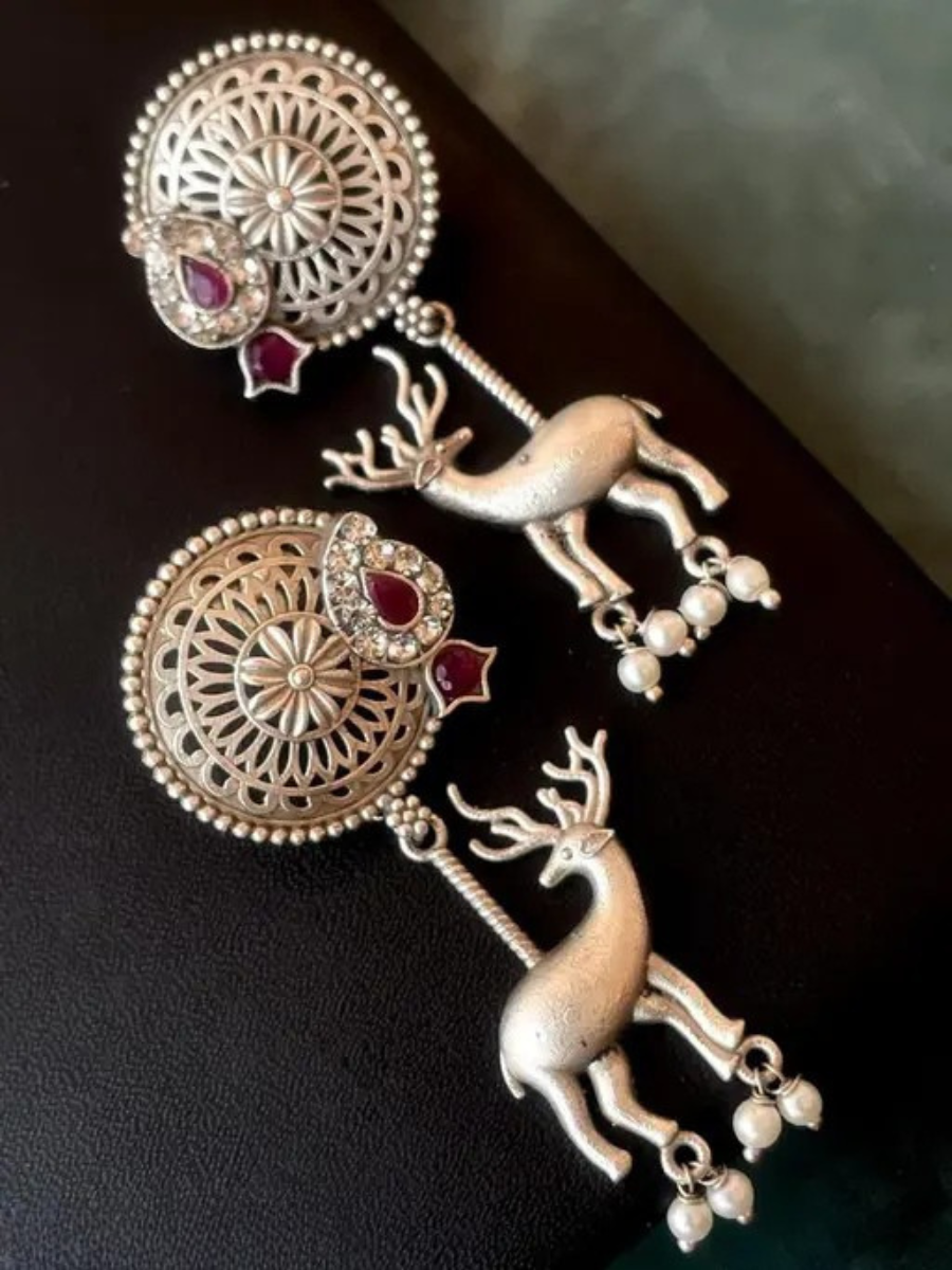 Buy Traditional Ruby Red Stone Oxidised Silver Deer Dangler Earrings Online - TheJewelbox